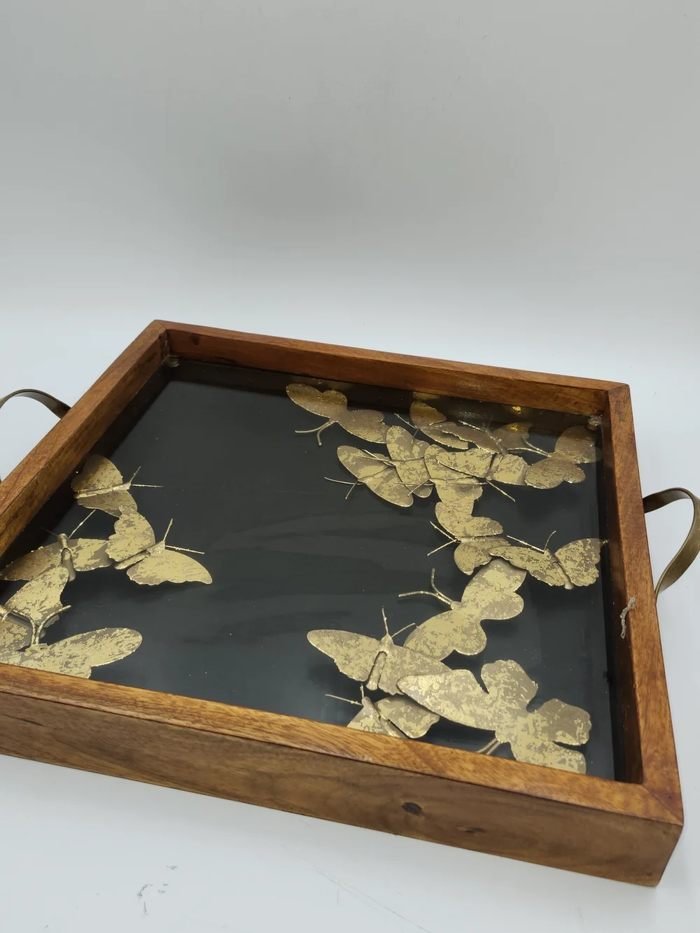 Peir 1 Vintage Gold Butterfly Serving Tray Glass Top Wood Frame Brass Handles